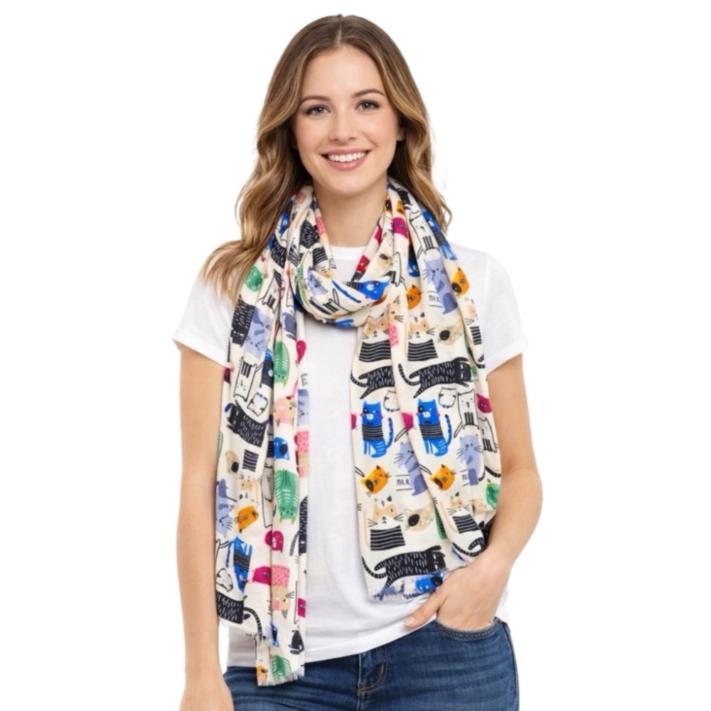 Colorful Cat Print Scarf Lightweight Shawl for Cat Moms Cute Pet Lover Gift
Z